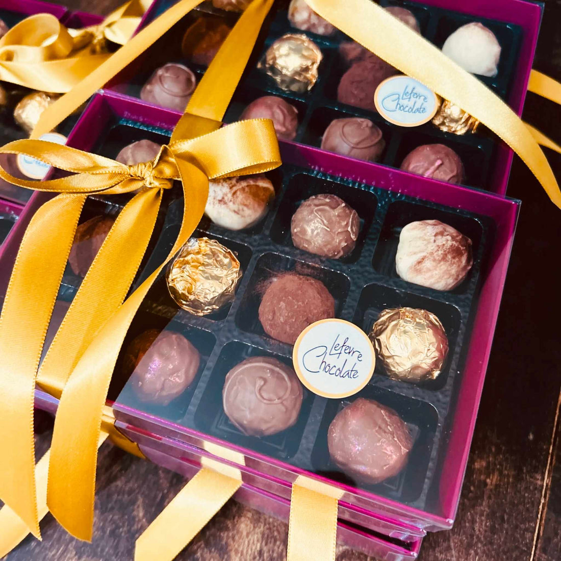 Boxes of 12 artisan Belgian chocolates made in shropshire by lefevre chocolate