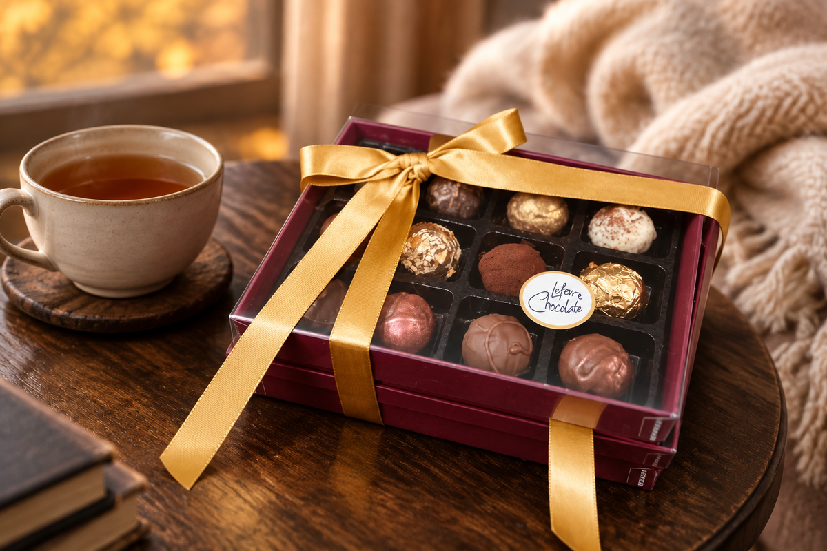 Lefevre Chocolate Belgian truffle gift box with a gold ribbon beside a cup of tea in a cosy autumn setting.
