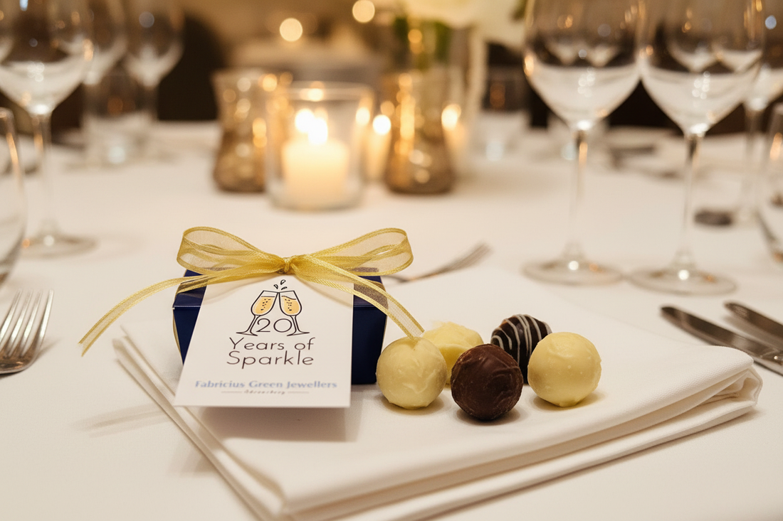 Close-up of a Lefevre Chocolate truffle favour box placed at a corporate dinner table setting