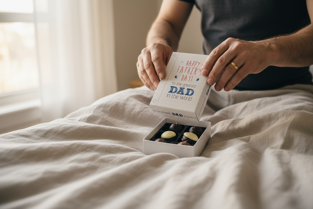 Artisan chocolate truffle gift box being opened on Father's Day morning
