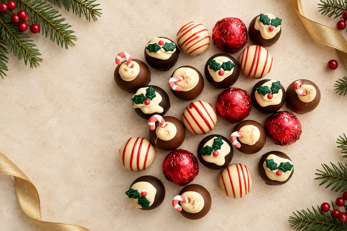 Festive arrangement of Christmas chocolates on a pale background, framed by evergreen sprigs, red berries and gold ribbon
