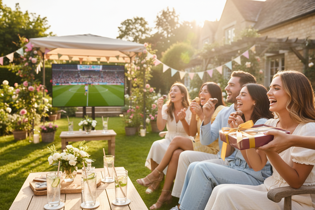 Friends at a sunny English garden party watching football and sharing Lefevre Chocolate truffles