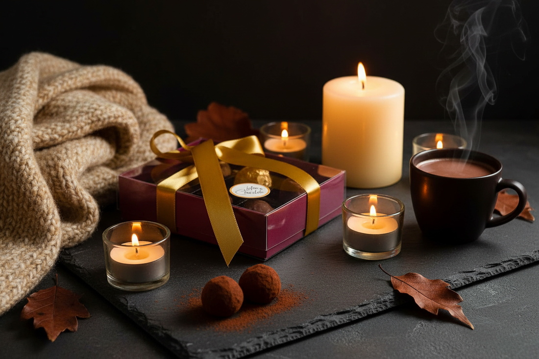 Lefevre Chocolate truffle gift box with gold ribbon surrounded by candles, autumn leaves and a warm woollen throw — a cosy hygge autumn scene