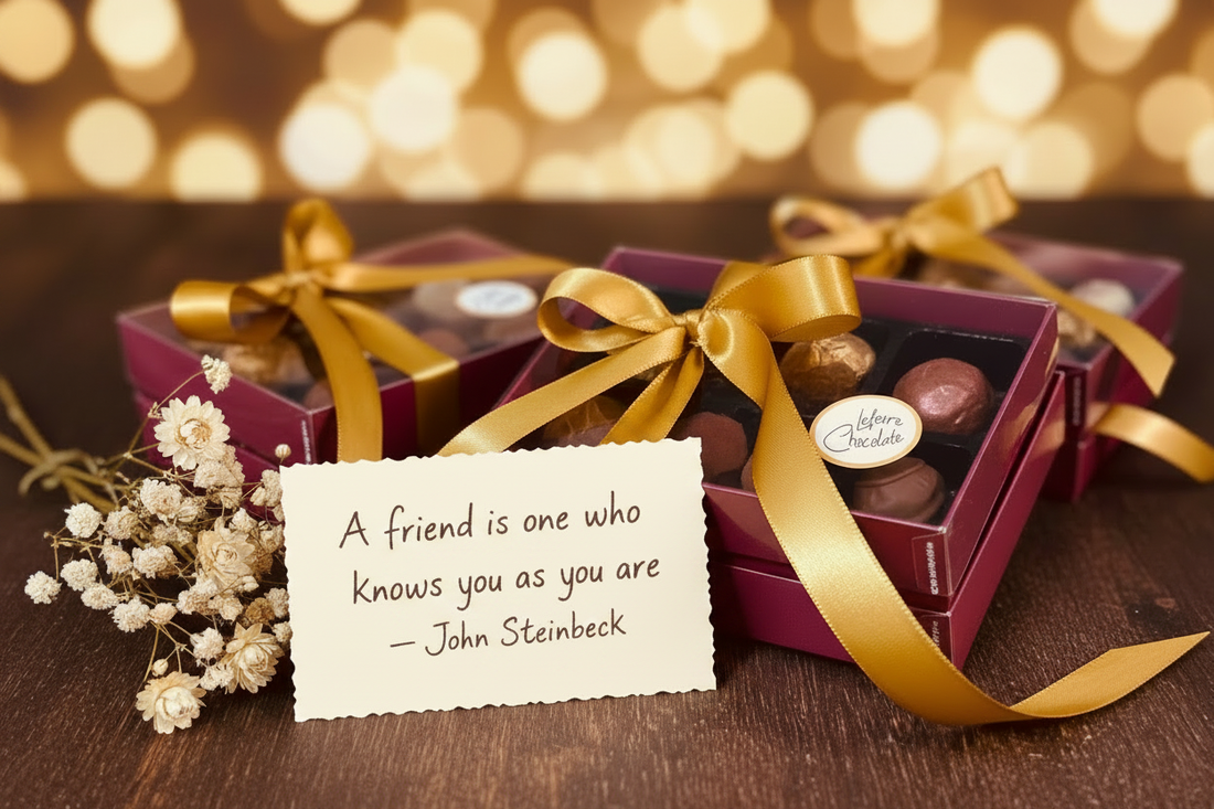 Lefevre Chocolate burgundy gift boxes with gold satin ribbons, filled with handcrafted Belgian chocolate truffles — the perfect friendship gift