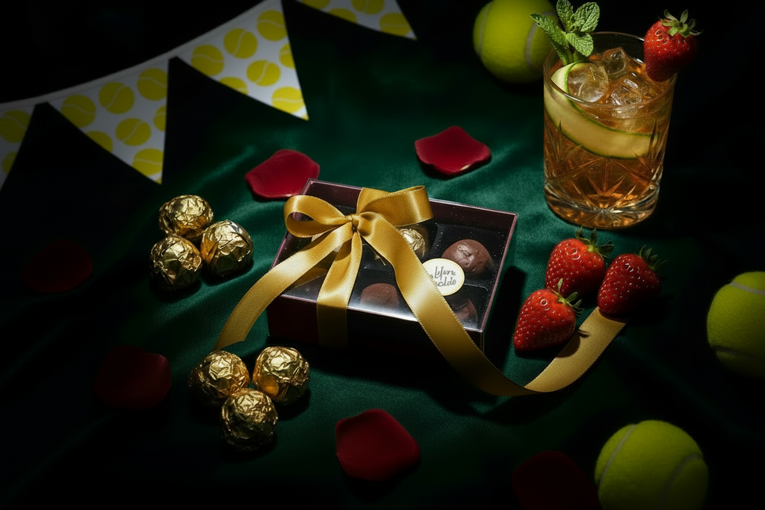 Lefevre Chocolate 6-piece truffle gift box on green velvet with gold foil truffles, strawberries and Wimbledon tennis ball bunting