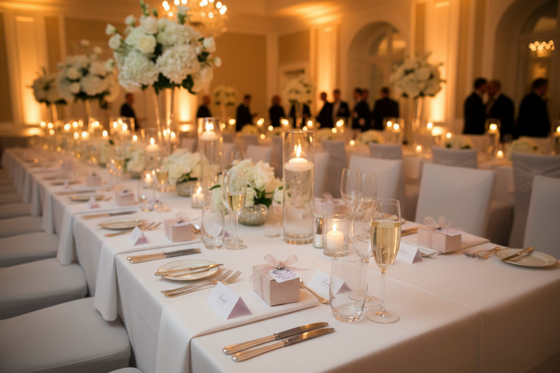 Lefevre Chocolate artisan Belgian chocolate favour boxes styled on tables at a wedding reception