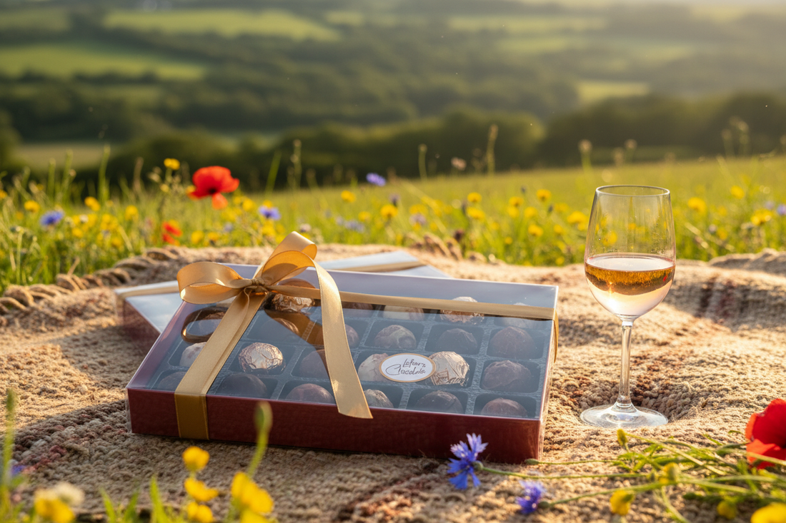 Lefevre Chocolate 24-truffle gift box with gold ribbon on a picnic blanket, with soft Shropshire hills in the background on a sunny summer afternoon