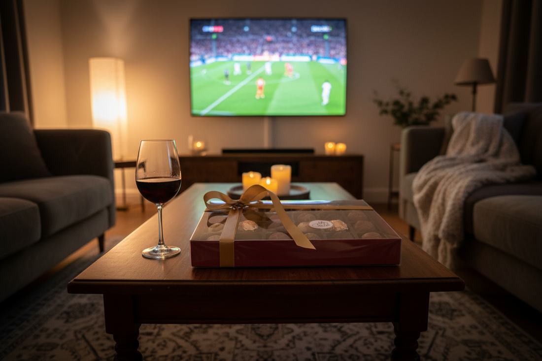 Lefevre Chocolate truffles on a coffee table with a football match on TV in the background