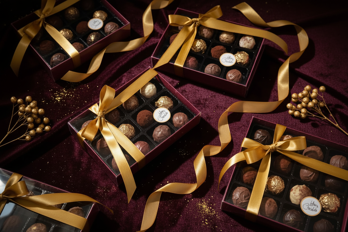 Luxury Belgian chocolate truffle gift box with gold satin ribbon by Lefevre Chocolate
