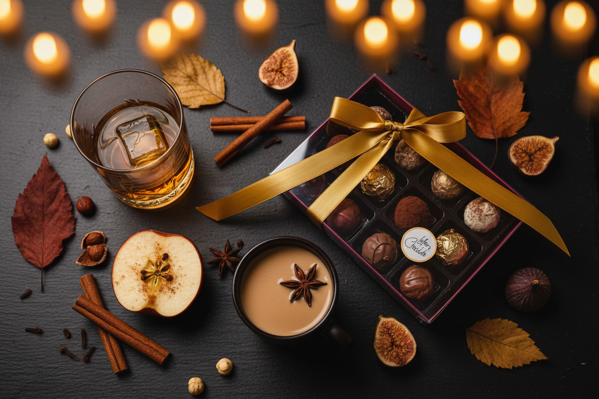 Lefevre Chocolate truffle gift box with gold ribbon surrounded by autumn pairing ingredients including a glass of whisky, spiced apple, chai, dried figs and hazelnuts on a dark slate surface