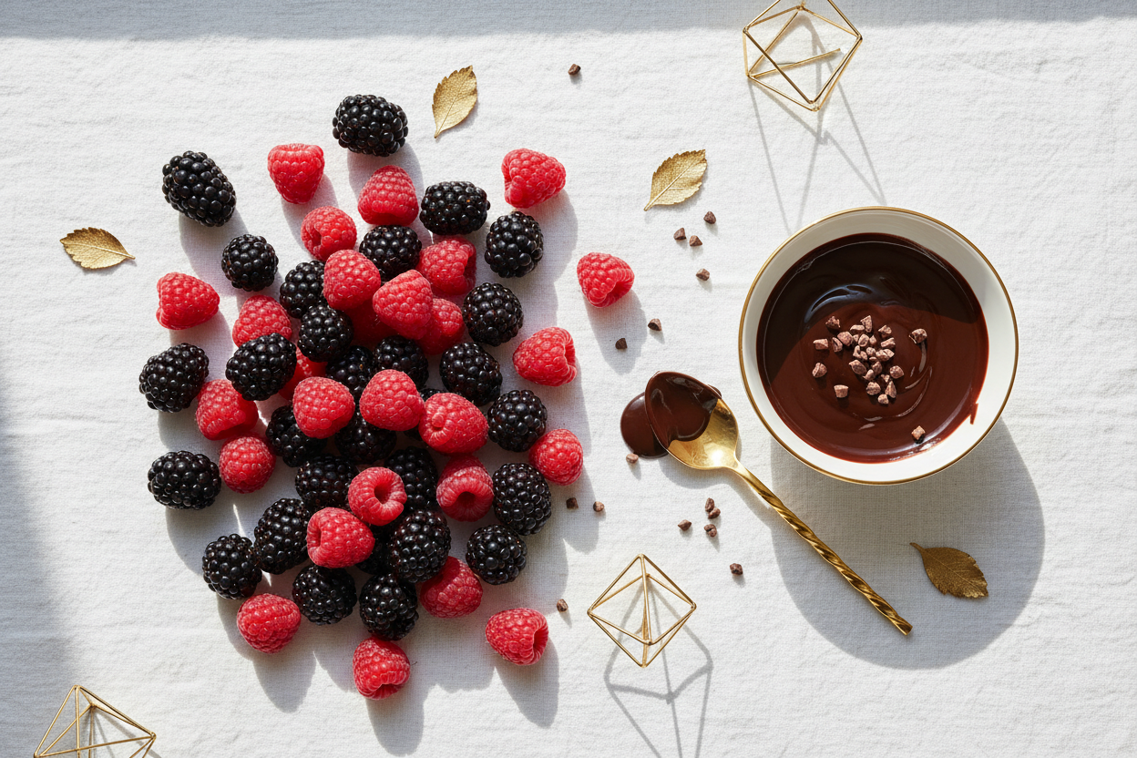 Fresh raspberries and blackberries with a bowl of dark chocolate dipping sauce on white linen, bright summer styling by Lefevre Chocolate