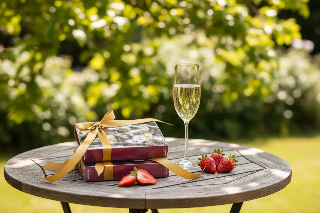 Lefevre Chocolate artisan Belgian truffle gift box on a sunny garden table with Champagne and strawberries in a summer heatwave