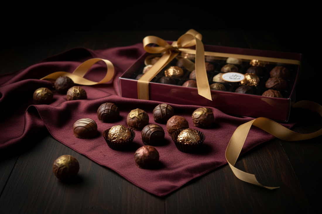 Handmade Belgian chocolate truffles by Lefevre Chocolate, arranged on a dark background with warm moody lighting