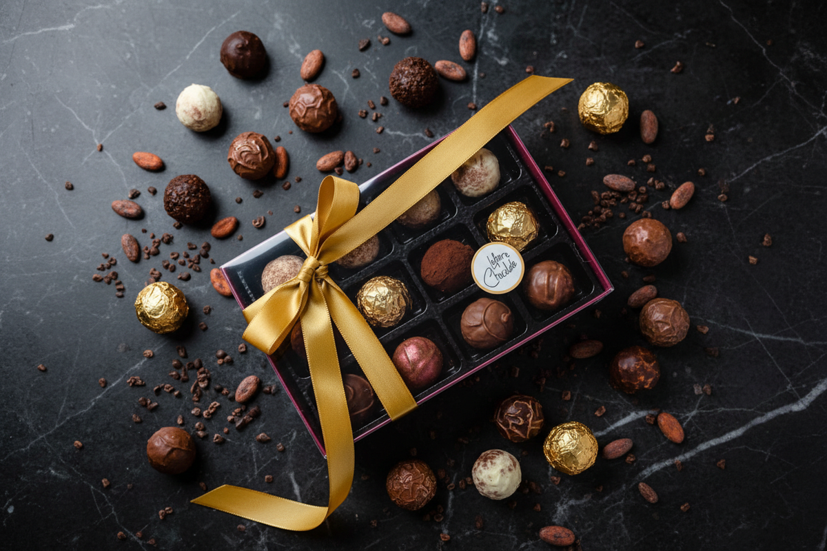 Lefevre Chocolate open burgundy and gold gift box of 12 artisan Belgian chocolate truffles surrounded by loose truffles on a dark marble surface with cacao beans and nibs