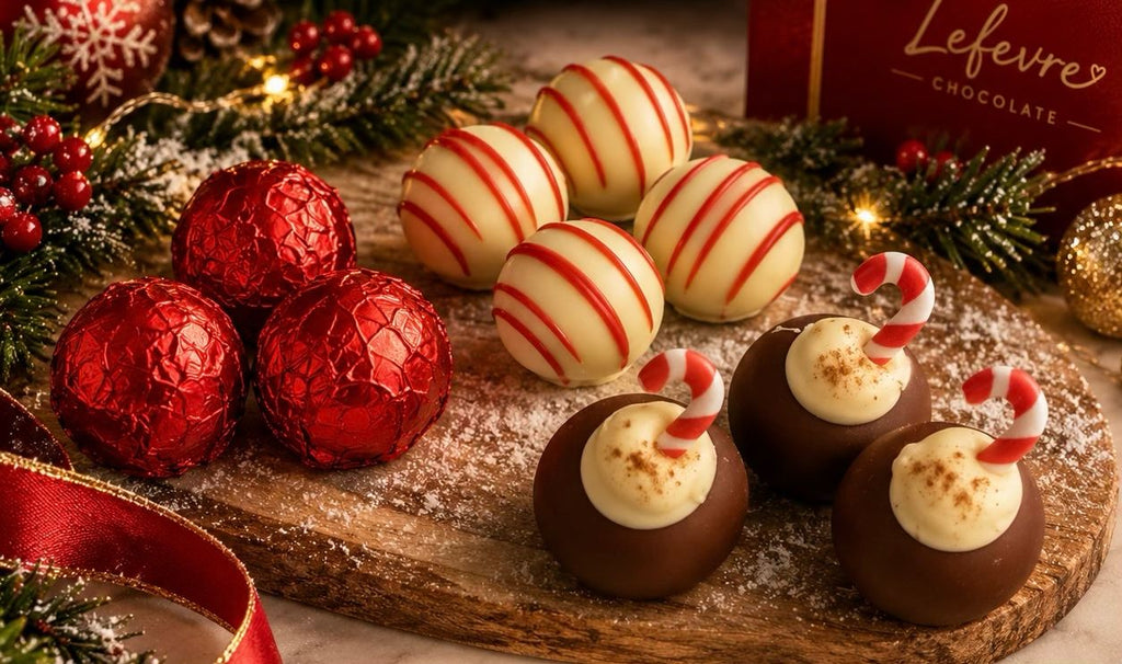 Christmas chocolates on a festive wooden board with red foil-wrapped pieces, striped chocolates and candy cane-topped truffles