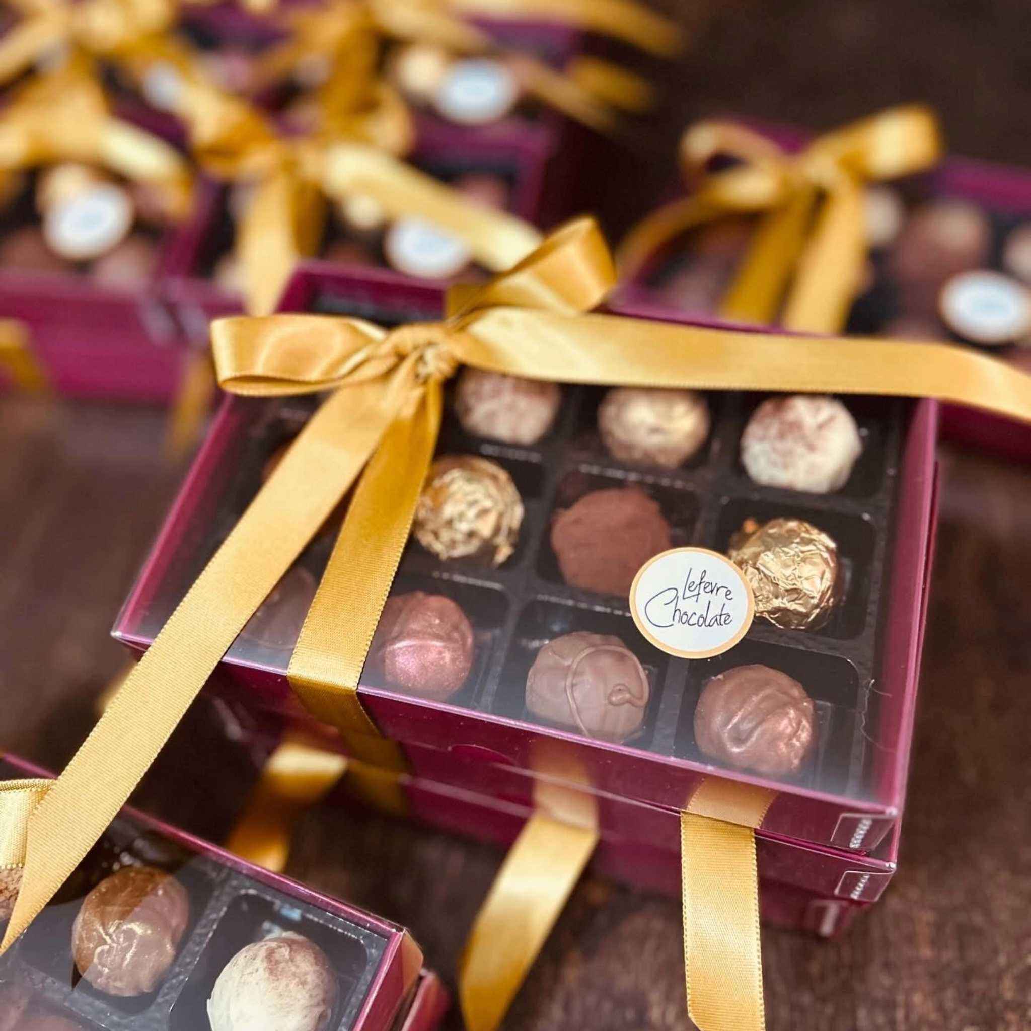 Box of 12 handmade Lefevre Chocolate artisan Belgian chocolate truffles, beautifully boxed