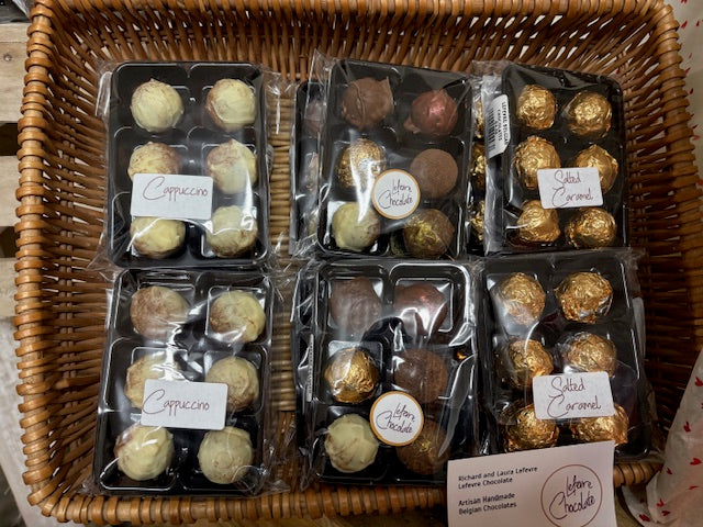 farm shop basket of truffles Packs of 6 Lefevre Chocolate artisan Belgian chocolate truffles in signature mixed or single flavours, handmade in Shropshire