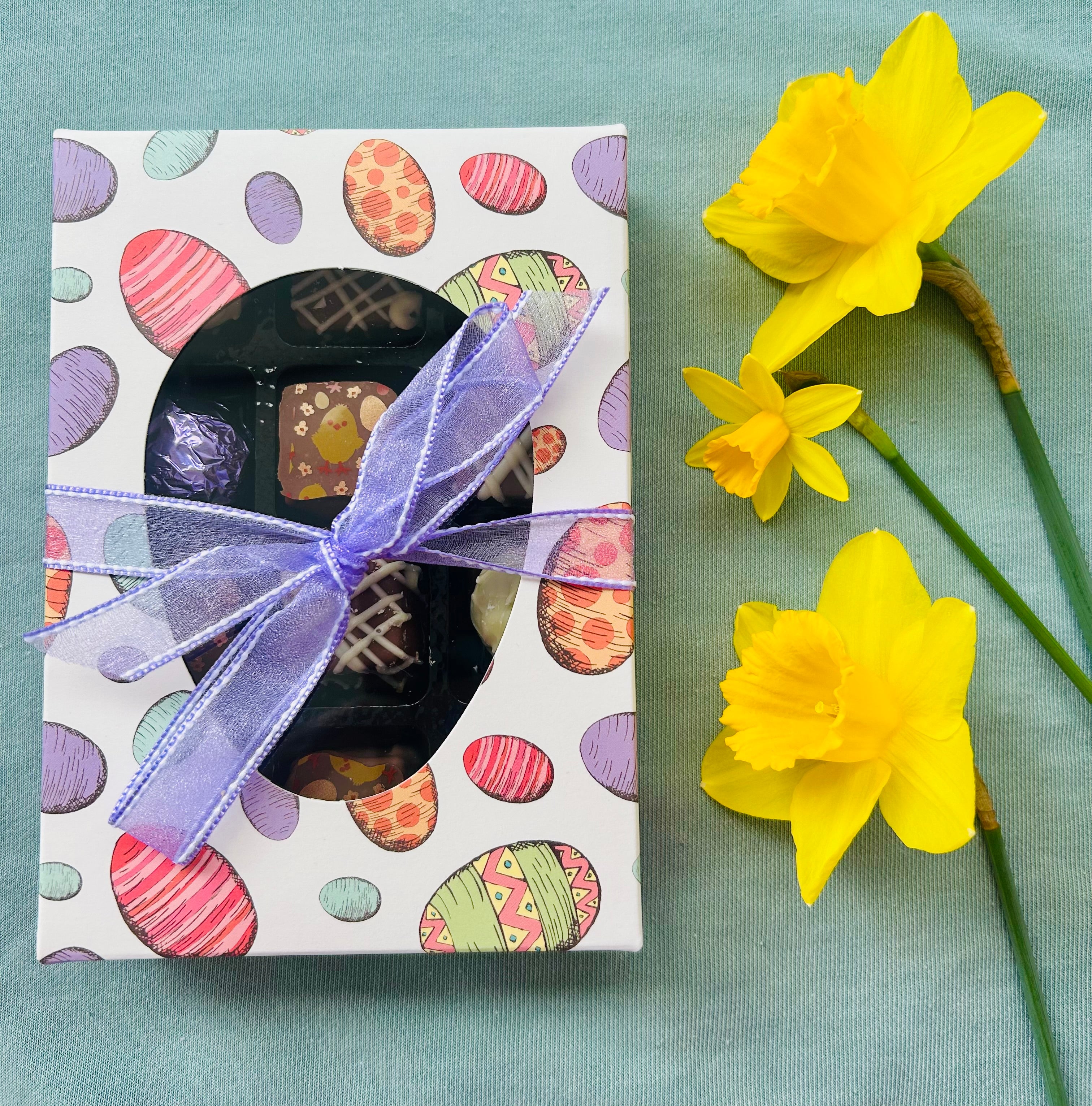 Easter gift box of 12 Lefevre Chocolate artisan Belgian chocolate truffles, handmade in Shropshire