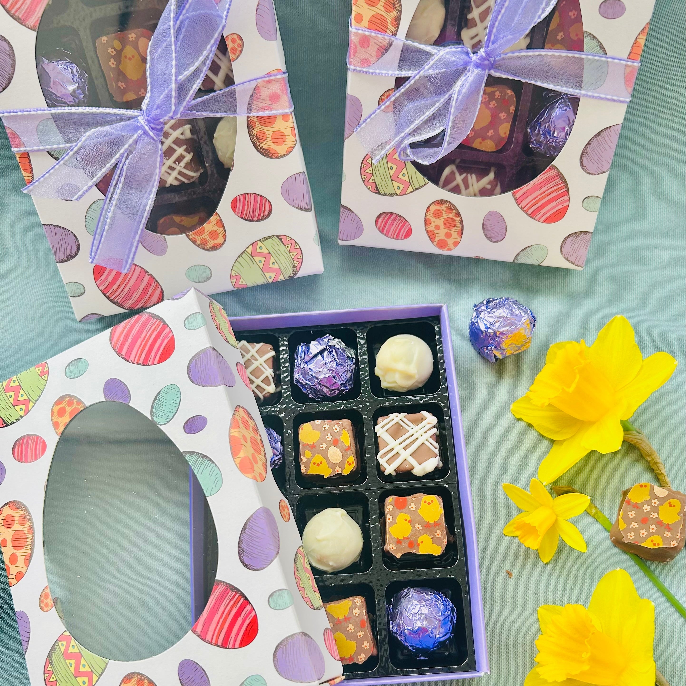 Easter gift box of 12 Lefevre Chocolate artisan Belgian chocolate truffles, handmade in Shropshire