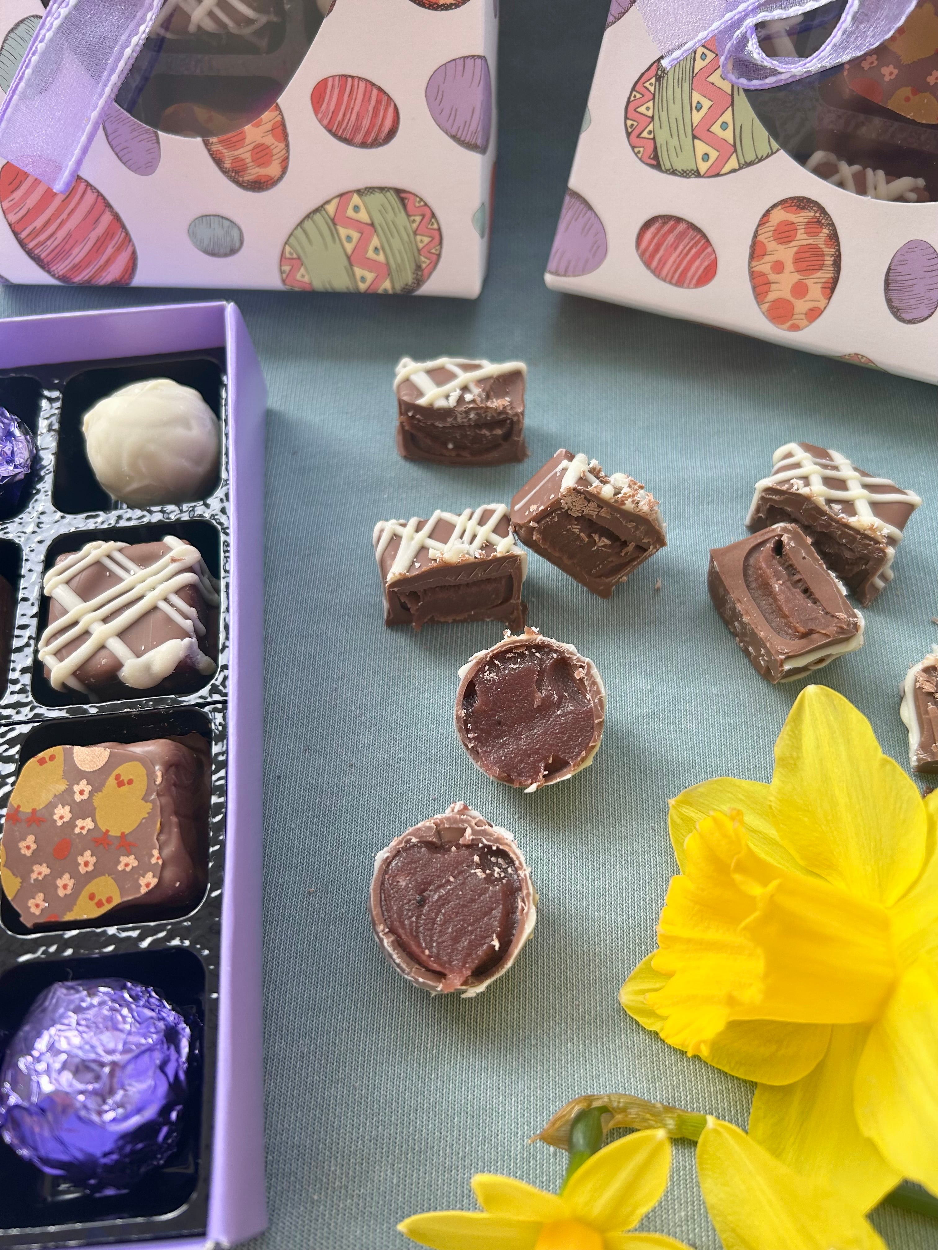 Easter gift box of 12 Lefevre Chocolate artisan Belgian chocolate truffles, handmade in Shropshire