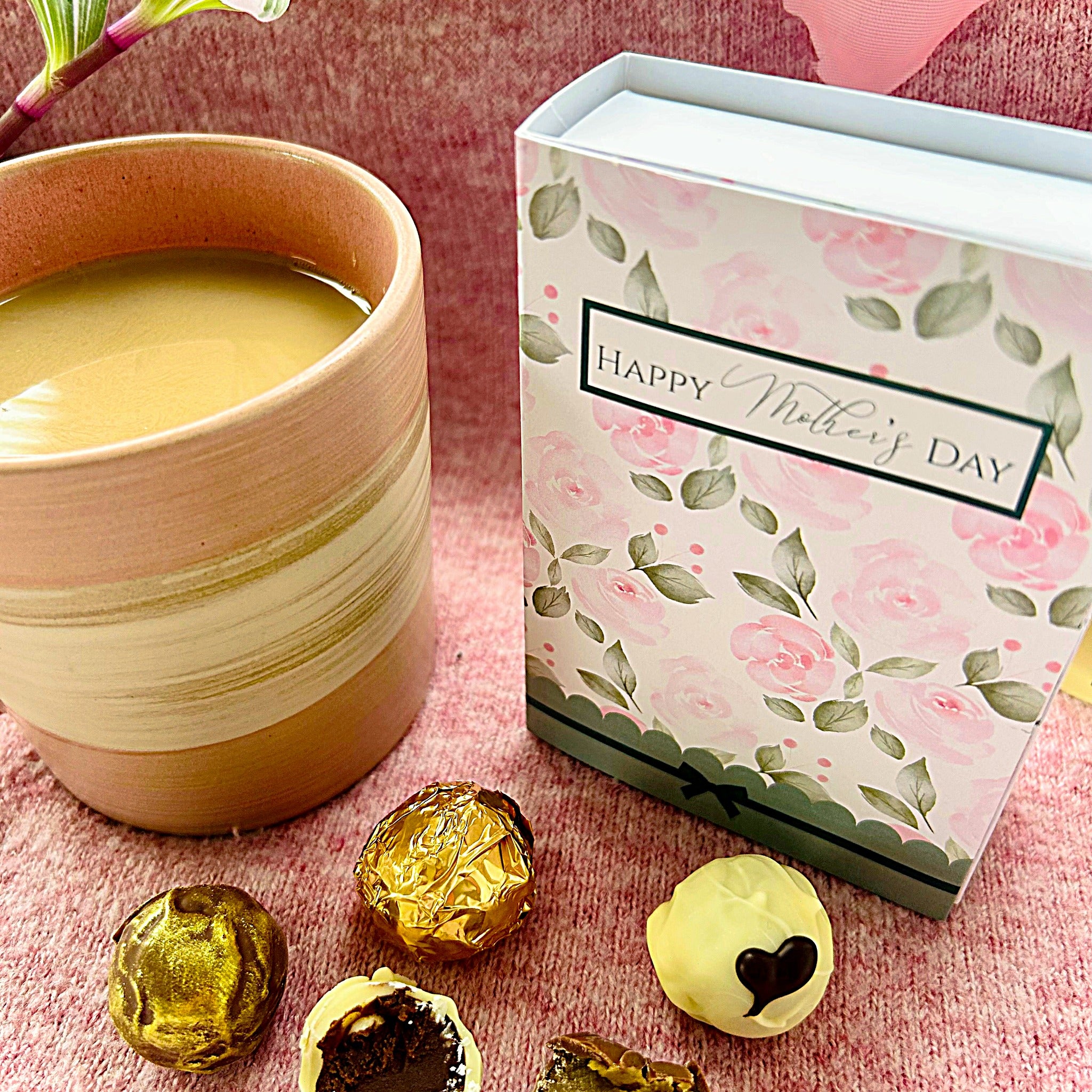 Lefevre Chocolate Mother's Day floral gift box of 6 artisan Belgian chocolate truffles, handmade in Shropshire