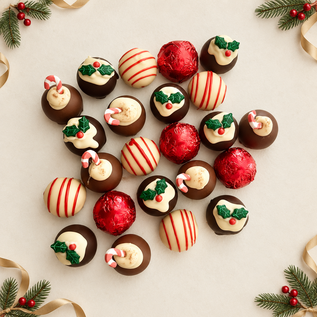 An overhead flat-lay of assorted holiday chocolate treats on a light beige background, decorated with pine branches, gold ribbons, and red berries. The treats include milk chocolate truffles with white chocolate frosting and holly decoration, dark chocolate truffles with red and white stripes, foil-wrapped red chocolate ornaments, and candy canes on chocolate truffles.