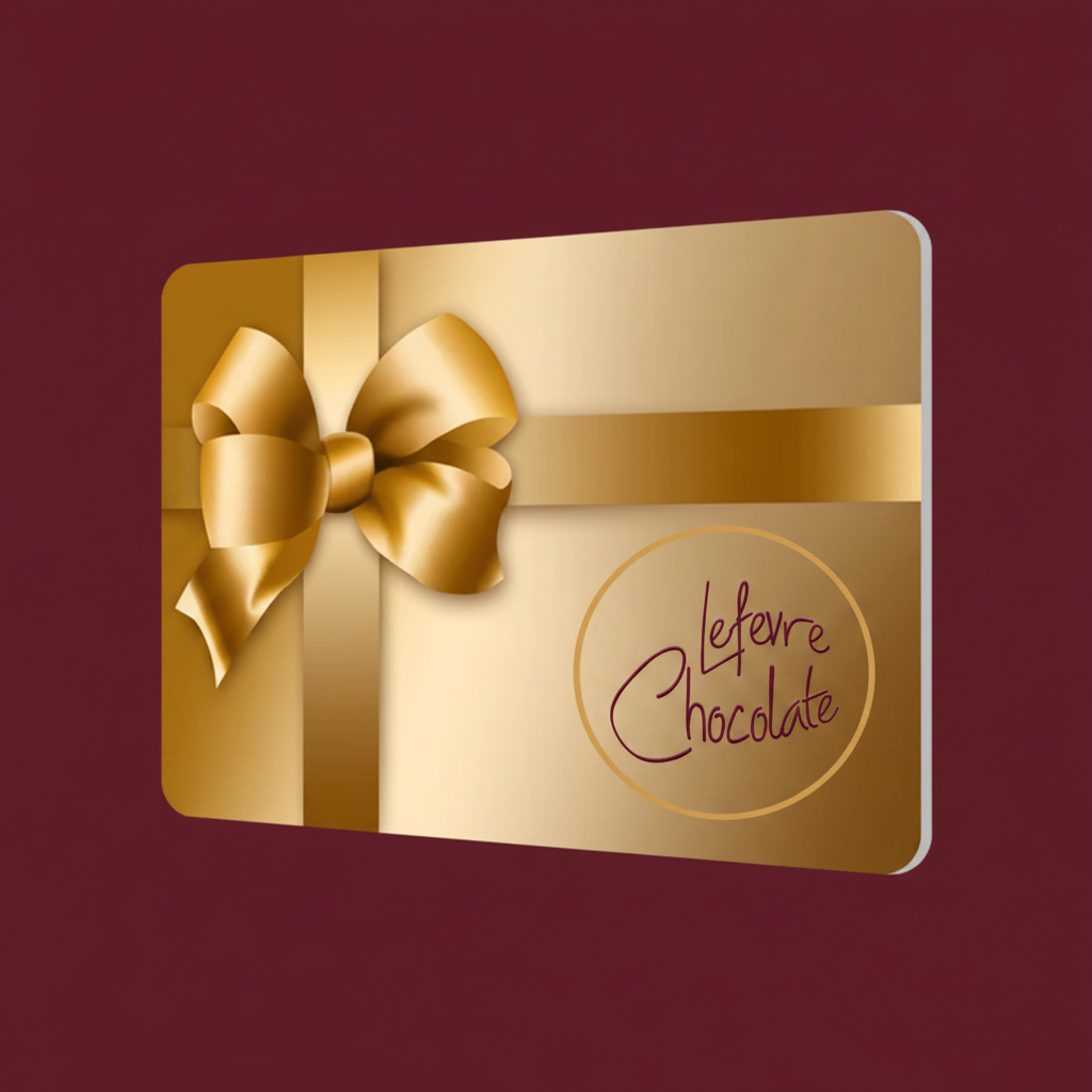 Lefevre Chocolate gift card with gold ribbon and bow on a deep burgundy background